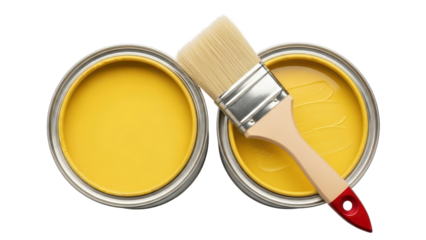 Two open cans of bright yellow paint with a paintbrush resting across them, isolated on transparent background