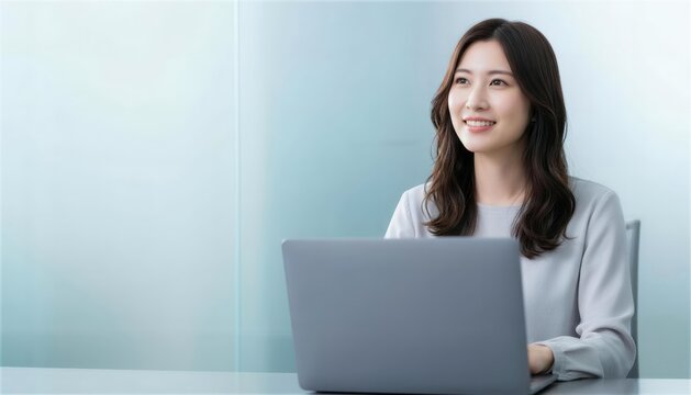 オフィスでパソコンを使いながら未来を見る女性