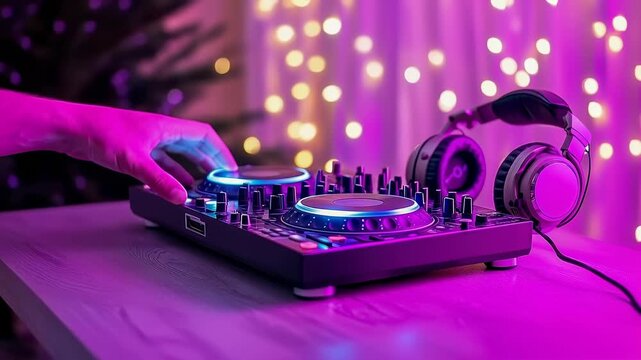 DJ controller mixing console neon light party vibe club scene headphones hand turntable bokeh music with electronic music vibrant glow setting