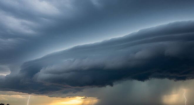 Dramatic Shelf Cloud Formation with Lightning Strikes During a Thunderstorm.