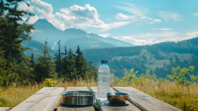 Scenic mountain view with picnic essentials on sunny day