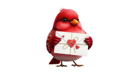 Cute red bird holding a valentines day love letter envelope isolated on transparent background