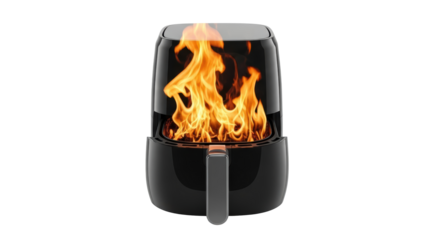 Black air fryer with intense flames inside, cooking appliance concept isolated on transparent background
