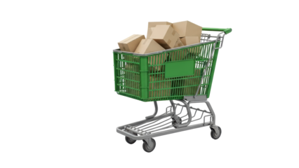Green shopping cart full of cardboard boxes isolated on transparent background