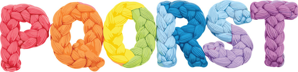 Colorful braided yarn alphabet letters PQORST, soft textile rope typography, playful handmade font design, isolated on white background © Habiba's World