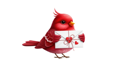 Cute red cardinal bird holding a white love letter envelope with a red heart ribbon, isolated on transparent background