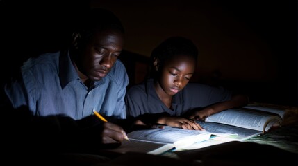 Father and son engaging in nighttime learning home environment educational activity focused viewpoint on study