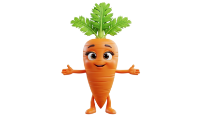 Cute 3d cartoon carrot character with arms open, smiling, isolated on transparent background