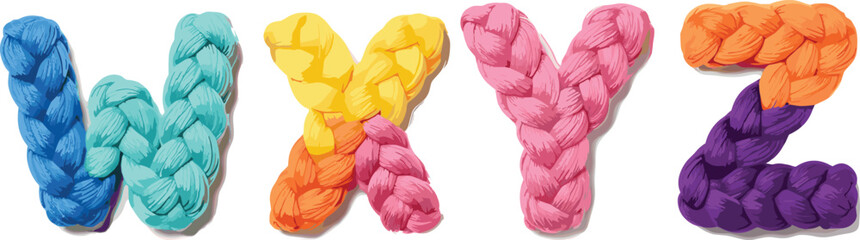 Colorful braided yarn alphabet letters WXYZ, soft textile rope typography, playful handmade font design, isolated on white backgroundv © Habiba's World