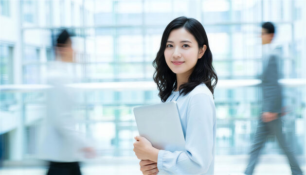 せわしいオフィス内で立って見つめるパソコンを持ったビジネス女性