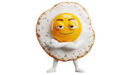 Funny fried egg character with smiley face and arms crossed, isolated on transparent background
