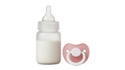 Baby bottle with milk and pink pacifier isolated on transparent background