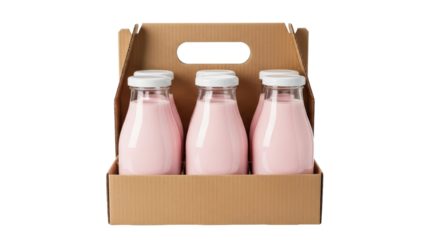 Three small glass bottles of pink strawberry milk in a cardboard carrier, isolated on transparent background