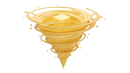 Yellow liquid vortex or tornado shape with a cube of butter inside, isolated on transparent background
