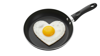 Heart shaped fried egg cooking in black frying pan isolated on transparent background