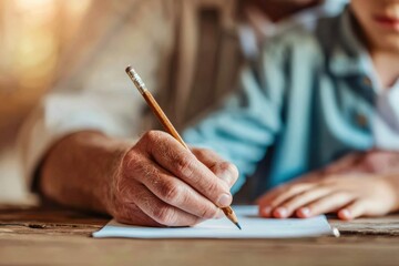 Engaging learning moments child writing with elder mentor cozy home setting educational content focus intimate perspective