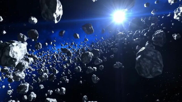 A vast expanse of space filled with numerous asteroids of varying sizes, illuminated by distant light.