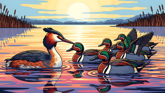 Beautiful great crested grebe swimming alongside red winged teal duck on a calm lake, illustrating serene wild waterfowl life, natural harmony, and peaceful freshwater nature scene