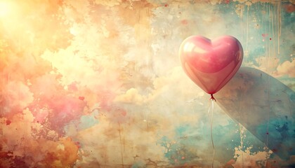 A heart-shaped balloon floats amidst a celestial backdrop of swirling clouds and soft, warm sunlight, casting a gentle shadow