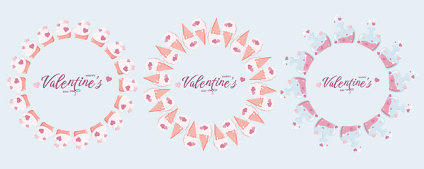 Set of three cute Valentine s Day wreath frames made of cupcakes, ice cream cones and love potions. Romantic pastel illustration perfect for greeting cards, invitations, posters, stickers and holiday © Lipitorika