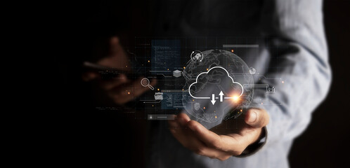 The data cloud symbol on the hand of a businessman represents global communication data storage technology.
