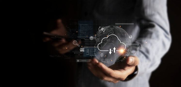 The data cloud symbol on the hand of a businessman represents global communication data storage technology. - Powered by Adobe