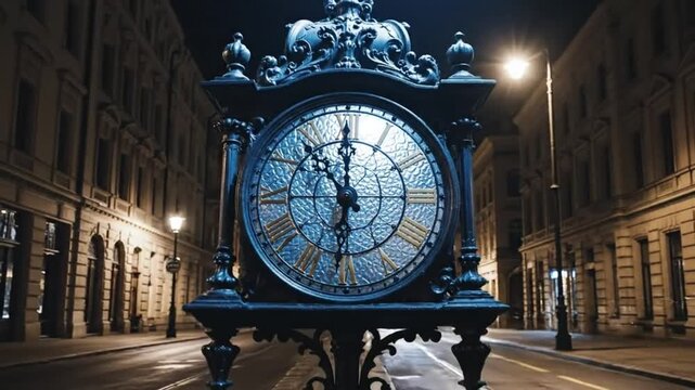 Antique Street Clock Striking Midnight on Empty European City Road - Countdown and Urgency.