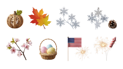 Collection of Seasonal and Holiday Objects on White Background.