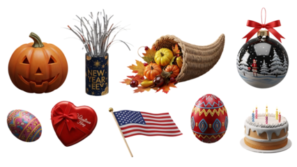 Collection of holiday and seasonal objects arranged together.