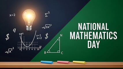 Celebrating National Mathematics Day with symbols formulas and an illuminated lightbulb representing brilliant ideas and educational concepts on a chalkboard background for learning
