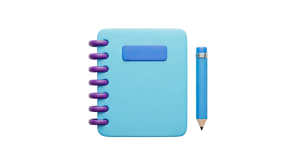 3D Blue notebook and pencil 3D render on transparent background