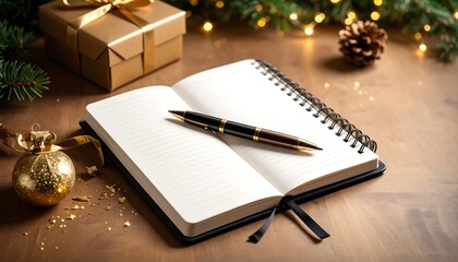 A notebook lies open with a pen, surrounded by festive decorations like a wrapped gift and ornaments