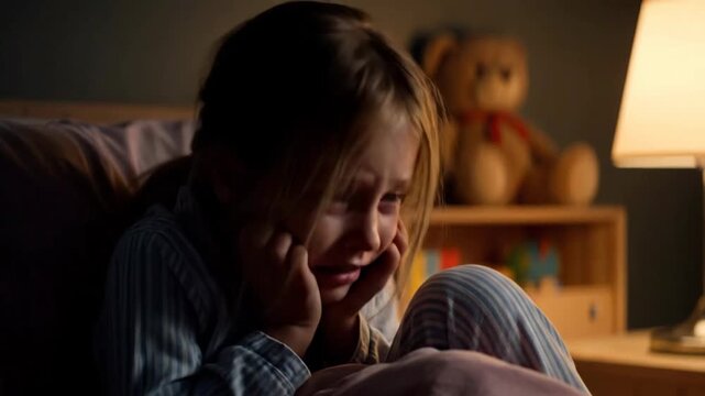 A poignant depiction of a young child experiencing profound emotional distress and vulnerability, captured during a restless night in her dimly lit