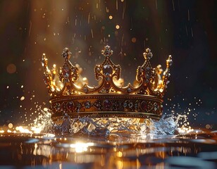 Golden crown, jeweled, reflected, in water. Glowing, bokeh, regal