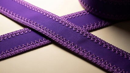 Rich purple ribbon with intricate woven trim, showcasing a textured fabric with a detailed decorative edge
