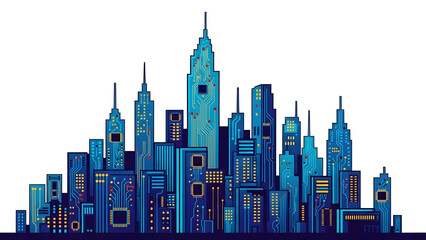 Blue digital circuitry cityscape skyline composed of electronic board lines on clean white backdrop futuristic innovation and high technology