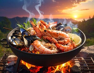 Grilled seafood on fire at sunset with steam rising from food