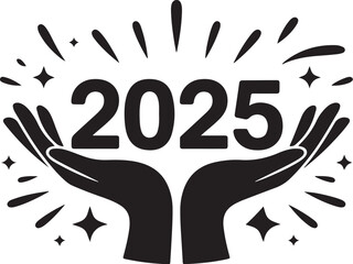 Obraz premium Two hands holding the year 2025 with sparkles new year