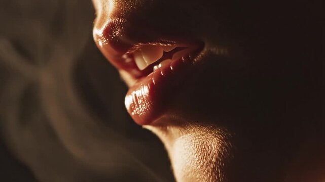 Close-Up of Lips and Teeth in Dramatic Lighting.