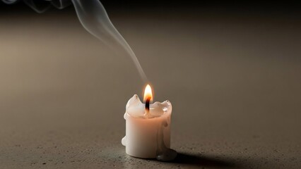 Single white candle with a flickering flame and wisps of smoke rising against a textured, warm-toned background.