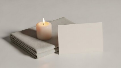 Softly lit candle and blank card on folded fabric: serene and minimalist arrangement for relaxation and mindfulness