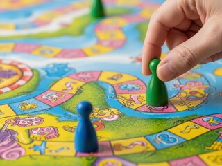 Obraz premium A close-up shot of a hand moving a green playing piece on a colorful board game. Playing a colorful board game