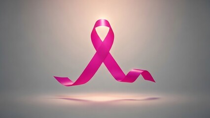 Symbol of hope: a glossy magenta pink ribbon floats in soft light, representing breast cancer awareness and support