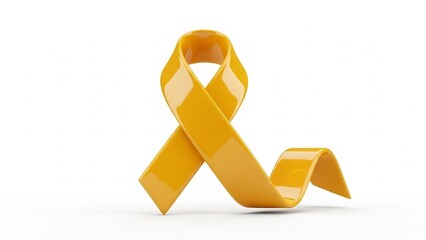 Symbol of hope: a glossy yellow awareness ribbon on a clean white background
