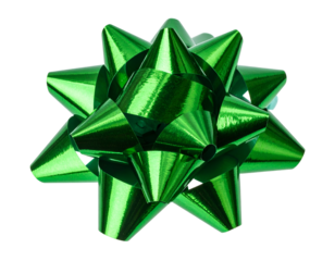 Close-up of a vibrant, metallic green gift bow isolated against a solid black background