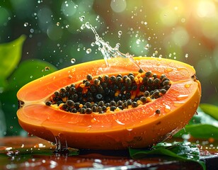 Half-cut tropical fruit with water splashing against a green leafy backdrop