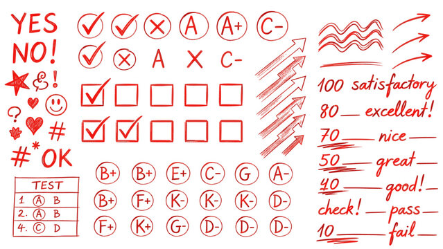 Collection of red handwritten check marks and grades for evaluation