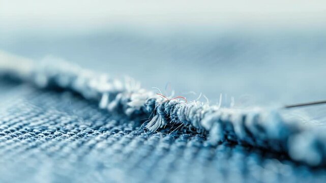 Close-up of needle stitching blue fabric, with frayed edges