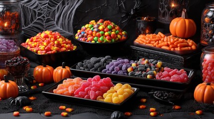 Dark-style Halloween candy display, colorful candies in black trays, pumpkin-shaped candies, spider web decorations, dark background with warm light