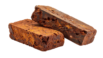 Two rectangular blocks of rough, rust-colored stone, isolated